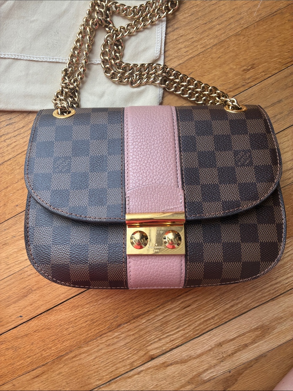 Louis Vuitton Brown Damier Ebene with Pink Center Stripe Chain Crossbody - Picture 2 of 11